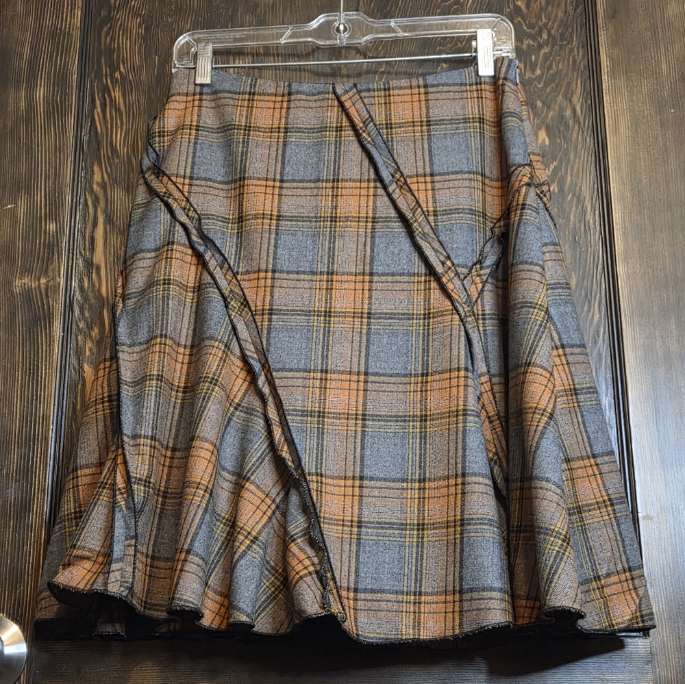 Shin Choi Asymmetrical Plaid Skirt in Gray and Orange